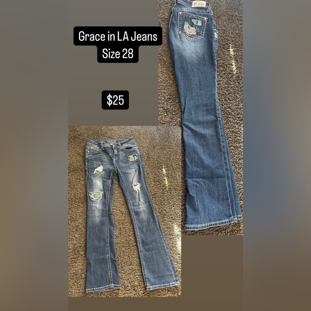 Grace in LA Women's Blue Flare Jeans with Patch Details